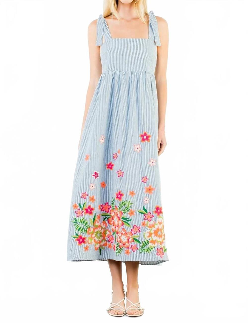 NEW THML embroidered tie midi dress in blue